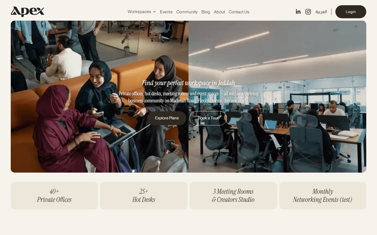 Apex Workspace homepage hero at desktop width: nav (Workspaces, Events, Community, Blog, About, Contact Us) beside a split photo of a lounge and an open-plan office, the headline 'Find your perfect workspace in Jeddah', 'Explore Plans'/'Book a Tour' buttons, and stat cards for private offices, hot desks, meeting rooms, and networking events
